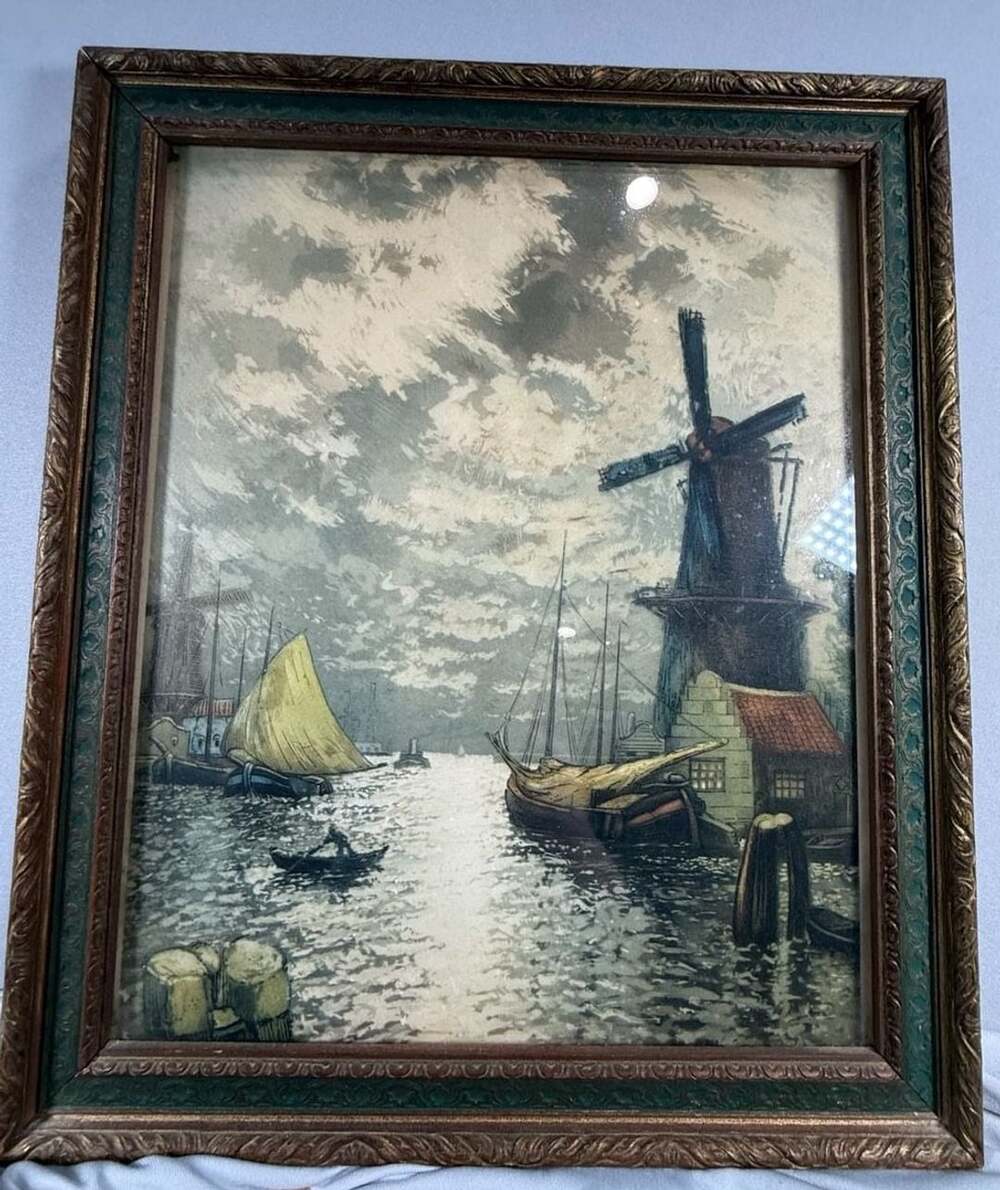 Vintage 1930s Heran Chaban Dutch Harbor Windmill Framed Print Ornate Gilt Frame